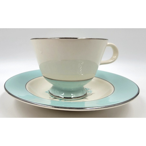 Sevron Powder Blue Lace Tea Coffee Cup Saucer Silver Trim 1950's Set of 2 - Picture 10 of 16